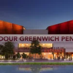 Artist’s impression of Troubadour Greenwich Peninsula Theatre entrance at sunset