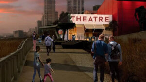 Artist’s impression of Troubadour Greenwich Peninsula Theatre entrance at sunset
