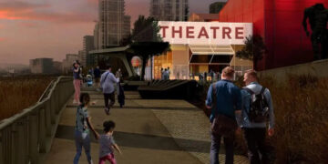 Artist’s impression of Troubadour Greenwich Peninsula Theatre entrance at sunset
