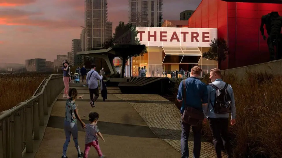 Artist’s impression of Troubadour Greenwich Peninsula Theatre entrance at sunset