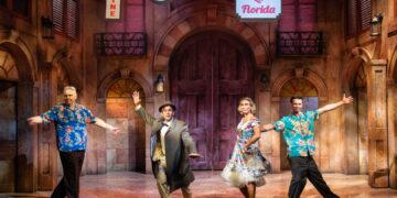 Bob Barrett, Jack Ashton, Jodie Steele and Leon Ockenden in Our Man in Havana at Theatre Royal Windsor.
