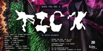 Landscape poster for When You Are a Tick by Sofya Krasnova, with “TICK” formed from white human and insect silhouettes against a vivid green, black and magenta collage.