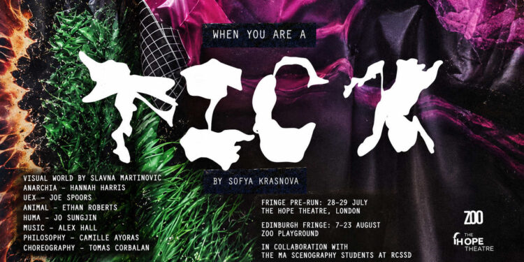 Landscape poster for When You Are a Tick by Sofya Krasnova, with “TICK” formed from white human and insect silhouettes against a vivid green, black and magenta collage.