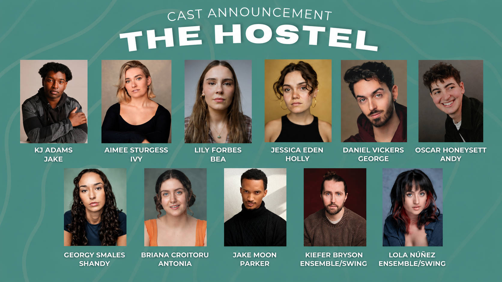 Cast announcement for The Hostel at The Courtyard Theatre, showing eleven cast members with their character names.