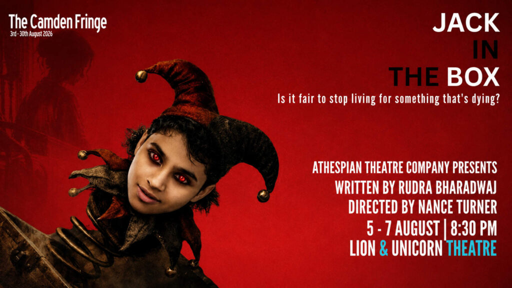Jack in the Box Camden Fringe poster showing a jester figure against a red background