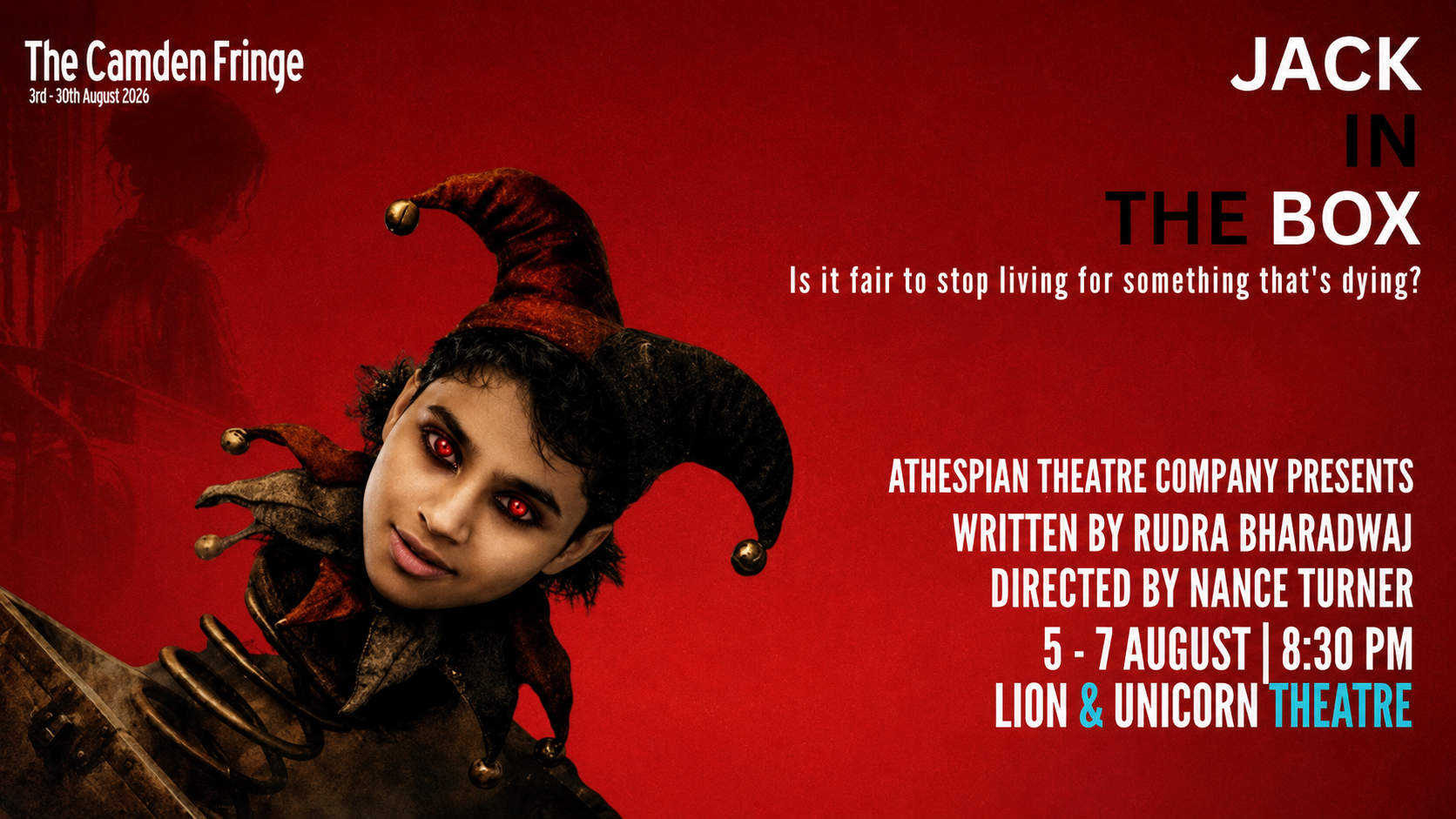 Jack in the Box Camden Fringe poster showing a jester figure against a red background