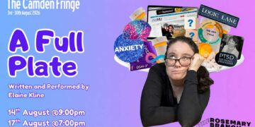 A Full Plate poster showing Elaine Kline resting her face in her hands beside a collage of mental-health imagery.