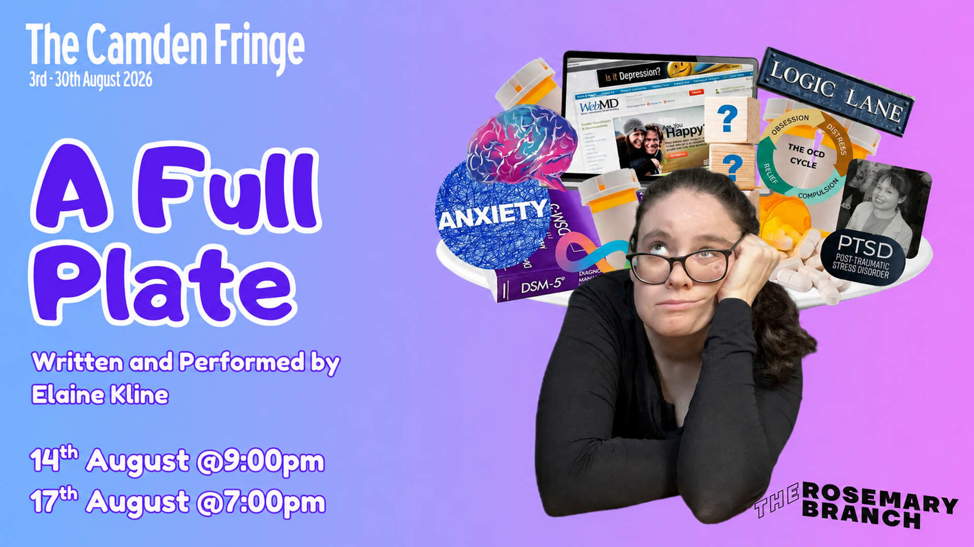 A Full Plate poster showing Elaine Kline resting her face in her hands beside a collage of mental-health imagery.