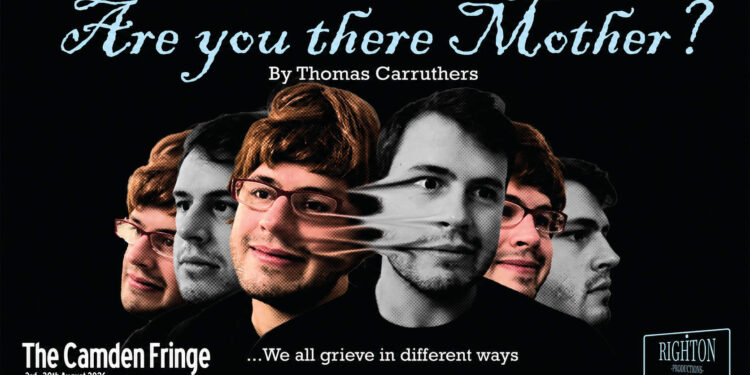 Are You There Mother? poster showing overlapping portraits of Thomas Carruthers, including Martha in a red wig and glasses