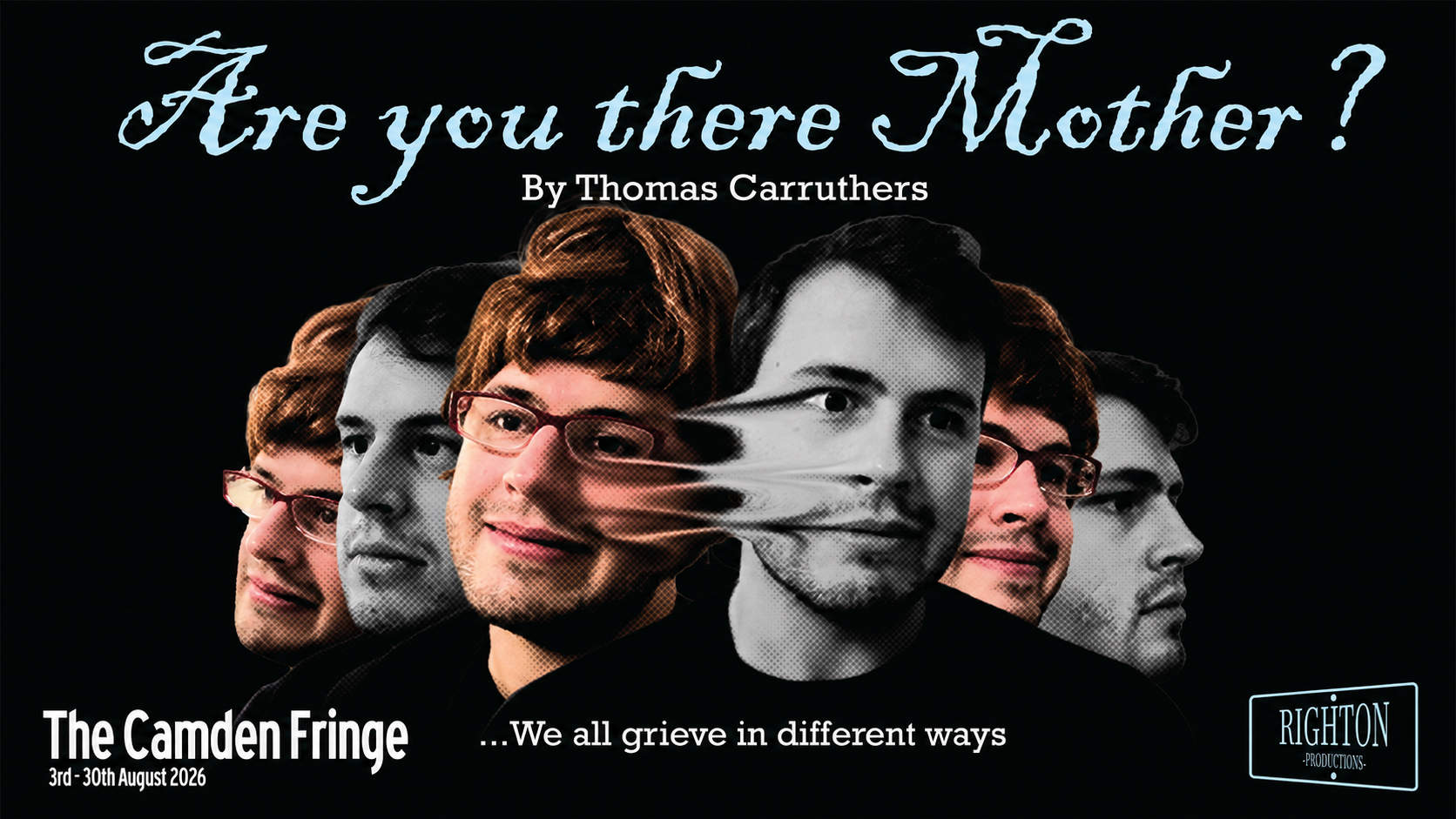 Are You There Mother? poster showing overlapping portraits of Thomas Carruthers, including Martha in a red wig and glasses
