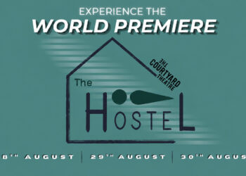 Teal poster for The Hostel at The Courtyard Theatre, showing the title inside a simple house outline with “World Premiere” above.