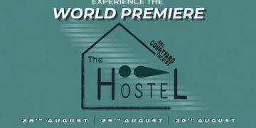 Teal poster for The Hostel at The Courtyard Theatre, showing the title inside a simple house outline with “World Premiere” above.