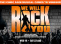 We Will Rock You promotional poster for Theatre Royal Windsor, with the musical’s orange logo above a cheering crowd