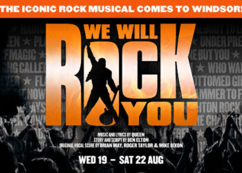 We Will Rock You promotional poster for Theatre Royal Windsor, with the musical’s orange logo above a cheering crowd