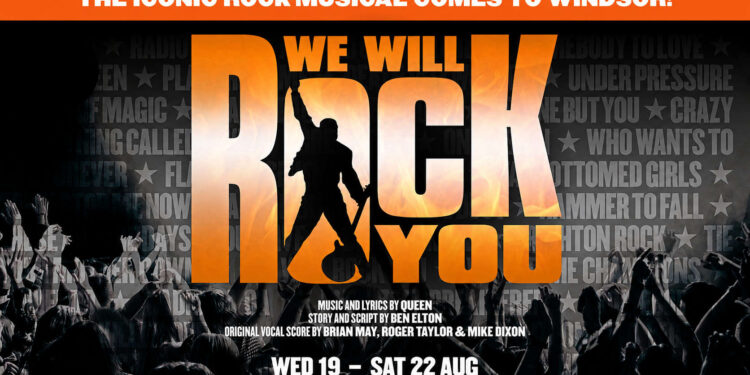 We Will Rock You promotional poster for Theatre Royal Windsor, with the musical’s orange logo above a cheering crowd