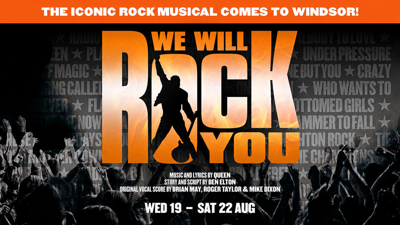 We Will Rock You promotional poster for Theatre Royal Windsor, with the musical’s orange logo above a cheering crowd