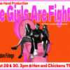 Pink-and-orange poster for The Girls Are Fighting, showing three women seated on an oversized pink toilet.