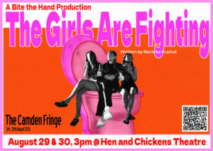 Pink-and-orange poster for The Girls Are Fighting, showing three women seated on an oversized pink toilet.