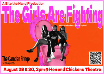 Pink-and-orange poster for The Girls Are Fighting, showing three women seated on an oversized pink toilet.