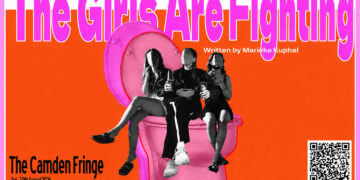 Pink-and-orange poster for The Girls Are Fighting, showing three women seated on an oversized pink toilet.