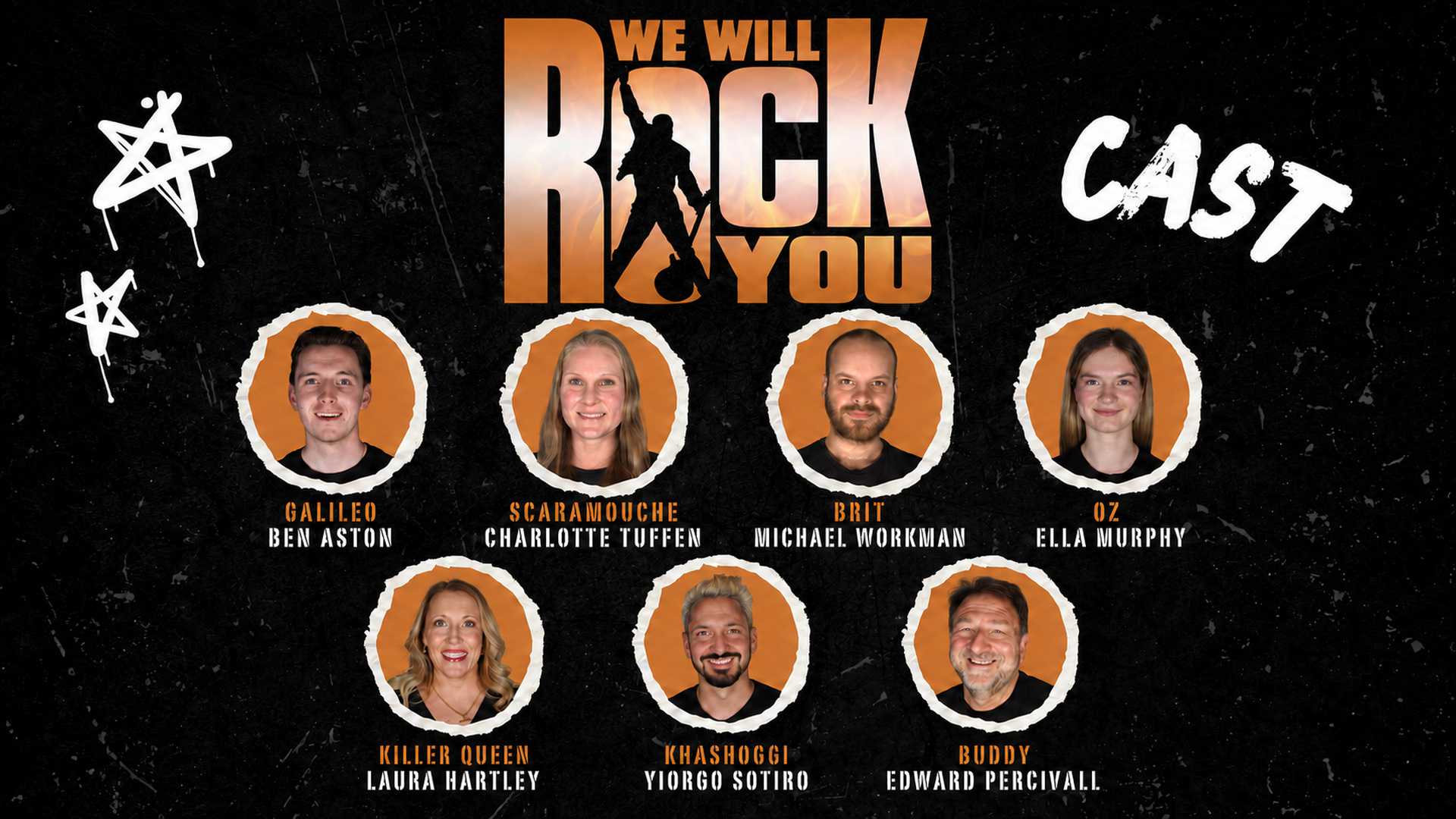 Principal cast poster for We Will Rock You at Theatre Royal Windsor, featuring seven performers alongside their roles