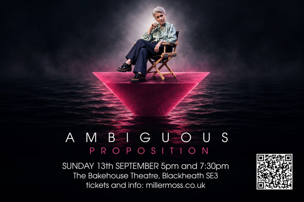 Hilary Cordery as Margaret Woods seated above a glowing magenta platform in Ambiguous Proposition