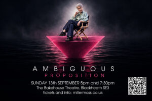 Hilary Cordery as Margaret Woods seated above a glowing magenta platform in Ambiguous Proposition