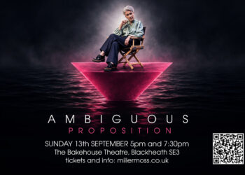 Hilary Cordery as Margaret Woods seated above a glowing magenta platform in Ambiguous Proposition