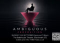 Landscape poster for Ambiguous Proposition, showing a seated figure silhouetted above a pink triangular platform reflected in dark water
