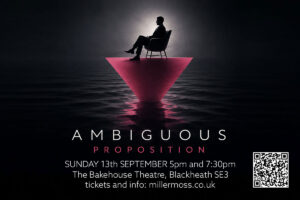 Landscape poster for Ambiguous Proposition, showing a seated figure silhouetted above a pink triangular platform reflected in dark water