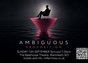 Landscape poster for Ambiguous Proposition, showing a seated figure silhouetted above a pink triangular platform reflected in dark water