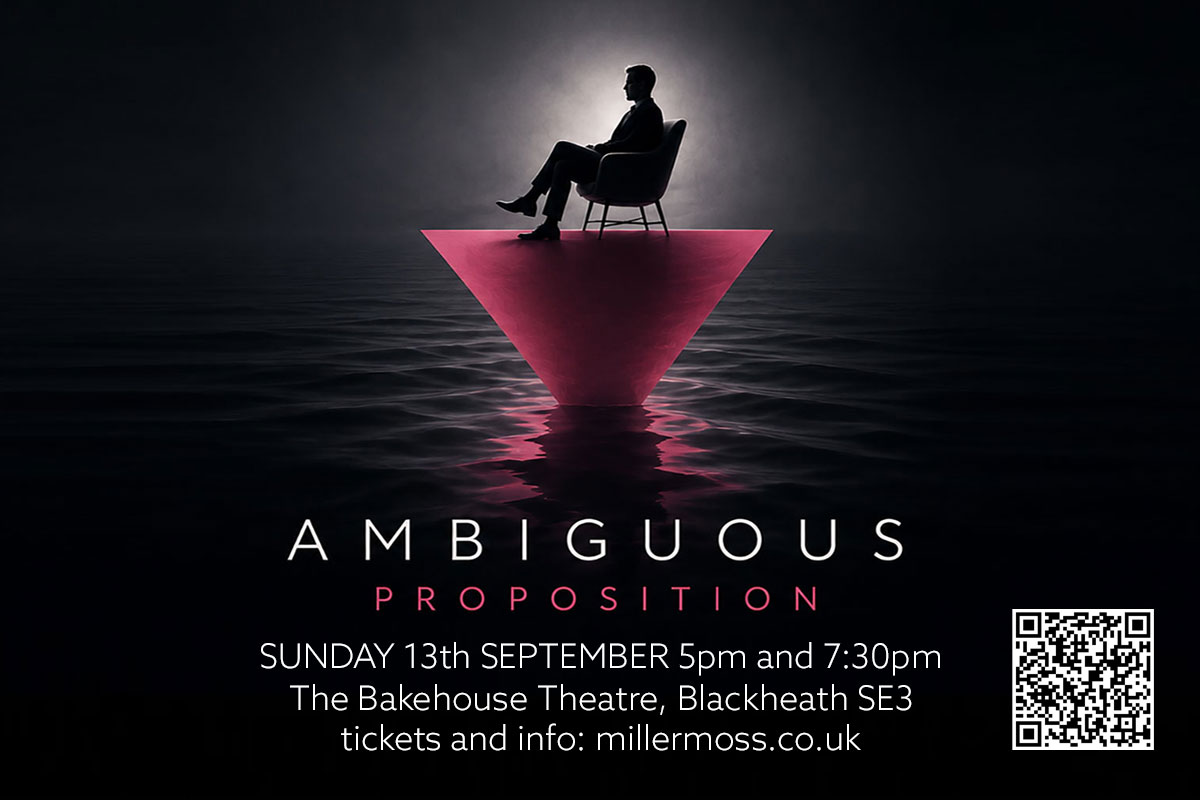 Landscape poster for Ambiguous Proposition, showing a seated figure silhouetted above a pink triangular platform reflected in dark water