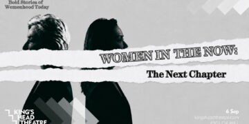 Poster for Women in the Now: The Next Chapter, showing two women in profile partially obscured by torn-paper title strips.