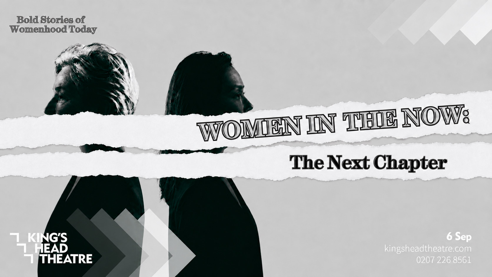 Poster for Women in the Now: The Next Chapter, showing two women in profile partially obscured by torn-paper title strips.