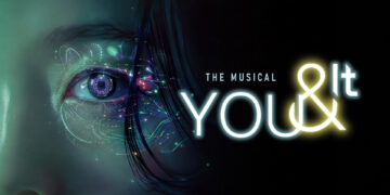 Poster for the musical You & It, featuring a human eye overlaid with glowing digital circuitry