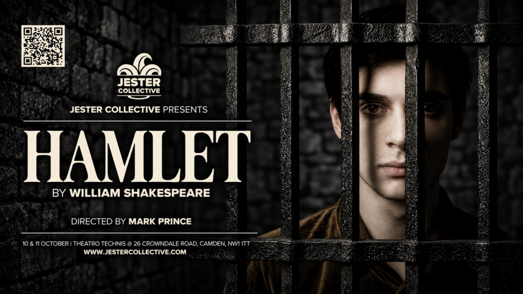 Promotional poster for Jester Collective’s Hamlet at Theatro Technis, showing a young man behind prison bars against a dark stone background.