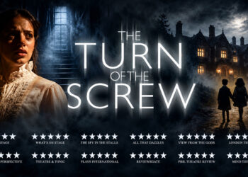 The Turn of the Screw theatre poster featuring a candlelit governess, a haunted manor and two children at night.