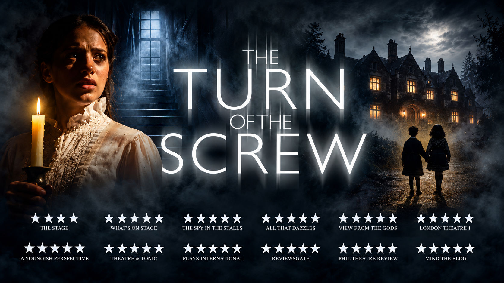 The Turn of the Screw theatre poster featuring a candlelit governess, a haunted manor and two children at night.