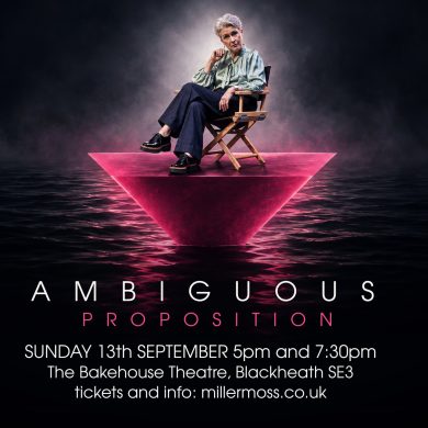 Hilary Cordery as Margaret Woods seated above a glowing magenta platform in Ambiguous Proposition