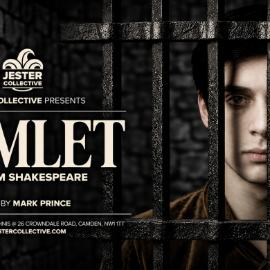 Promotional poster for Jester Collective’s Hamlet at Theatro Technis, showing a young man behind prison bars against a dark stone background.