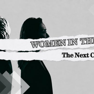 Poster for Women in the Now: The Next Chapter, showing two women in profile partially obscured by torn-paper title strips.