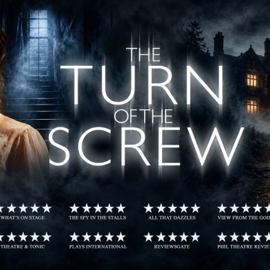 The Turn of the Screw theatre poster featuring a candlelit governess, a haunted manor and two children at night.