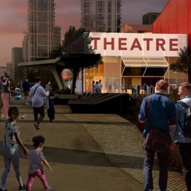 Artist’s impression of Troubadour Greenwich Peninsula Theatre entrance at sunset