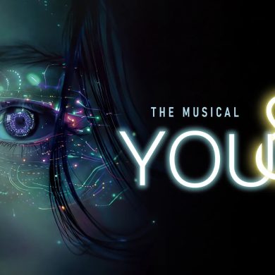 Poster for the musical You & It, featuring a human eye overlaid with glowing digital circuitry